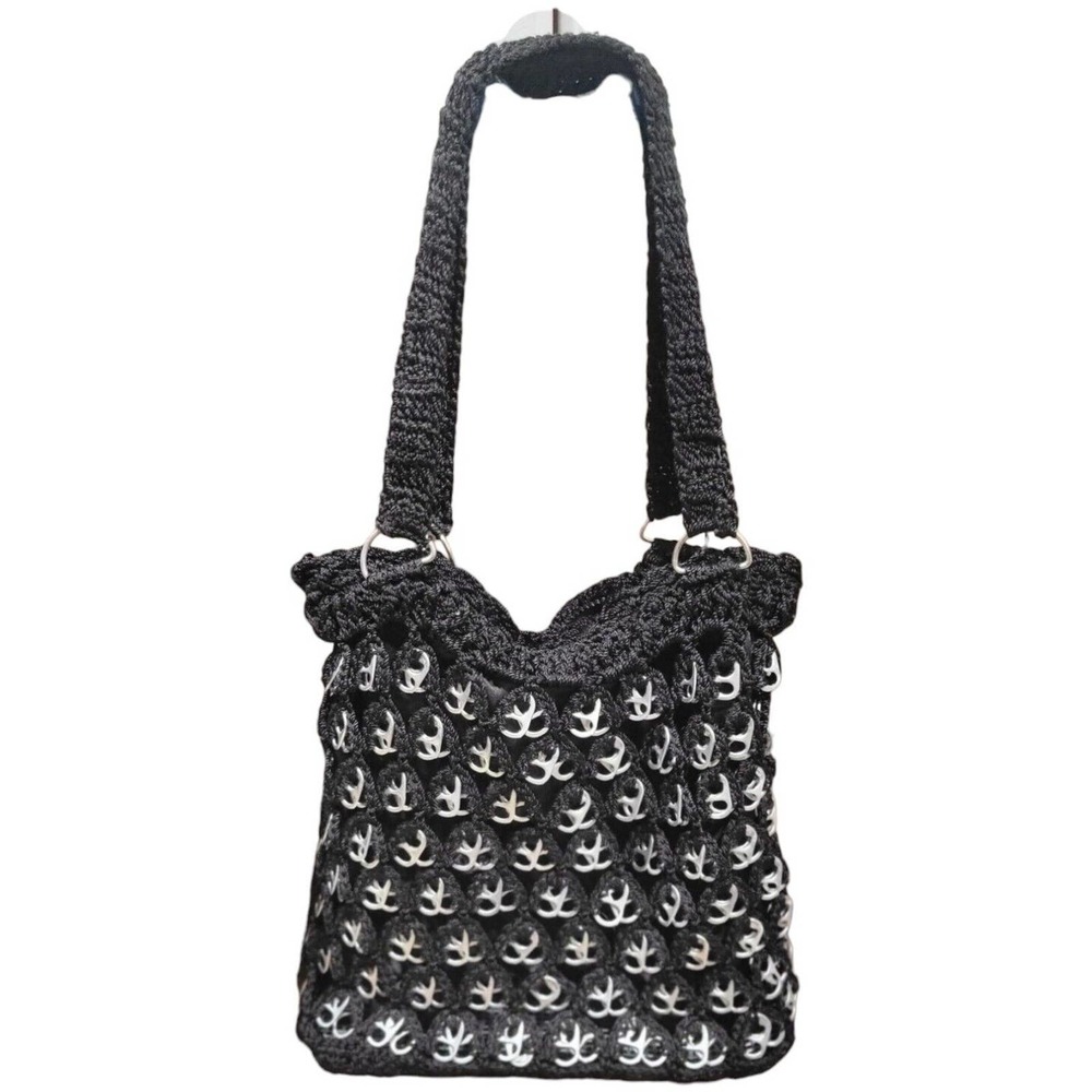 Shoulder Bag Purse Crocheted Aluminum Can Pull Tabs Black Nylon Cord Lined Zips